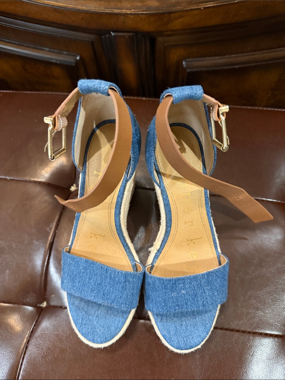 Copper Key Denim Espadrille Wedges with Brown Ankle Straps